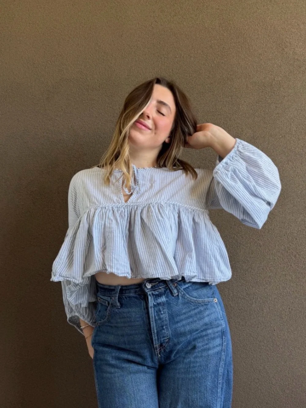 Free People Striped Puff Sleeve Blouse XS